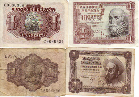 Billetes de los años 1950 en los que aparecen el Marqués de Santa Cruz, Álvaro de Bazán y Don Quijote